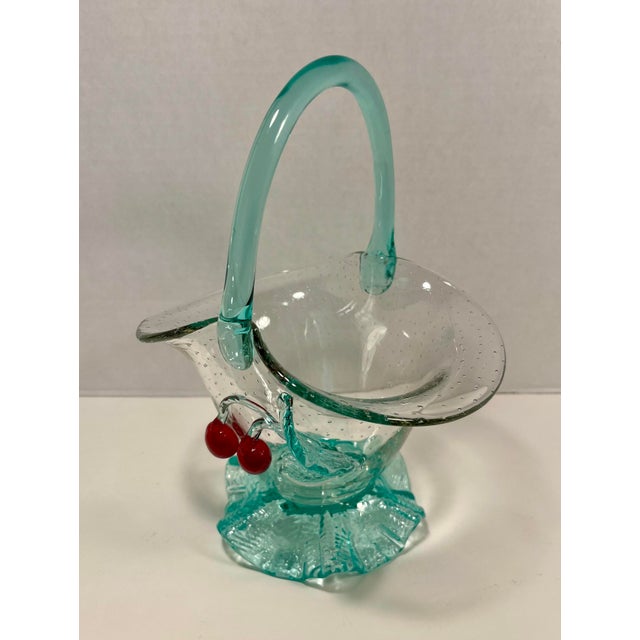 Vintage Loetz Control Bubbles Uranium Glass Basket with Applied Cherries Aprox. dimensions: 10"H x 7.5"W x 6.5"D Very good...