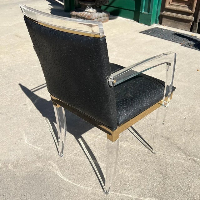 Set Four Vintage French Maison Romeo Brass, Lucite and Ostrich Leather Armchairs For Sale In Denver - Image 6 of 12