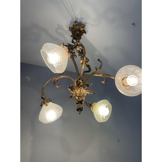 Art Nouveau Golden Chandelier with Frosted Glass Shades For Sale - Image 6 of 18