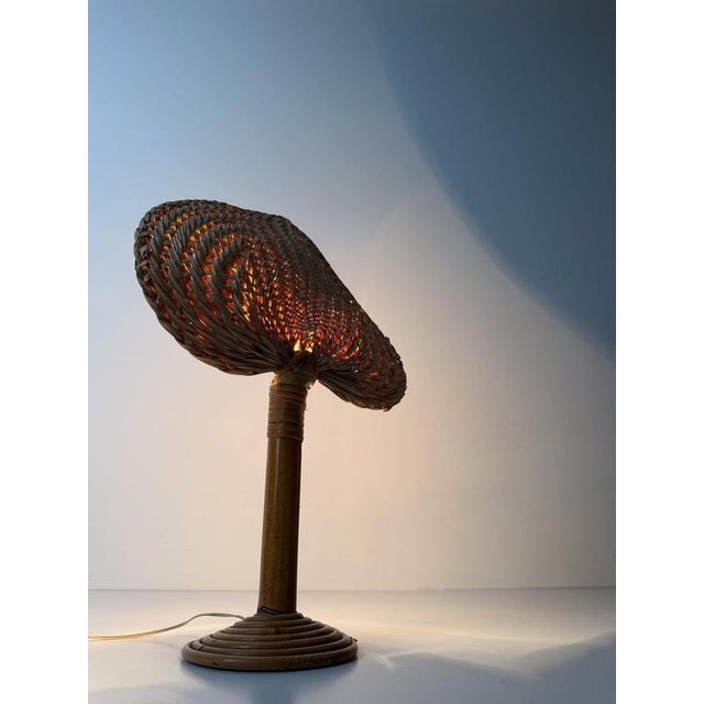 Italian Bamboo, Cane and Rattan Table Lamp with Fan-Shaped Shade in the style of Ingo Maurer, 1960s For Sale - Image 14 of 18