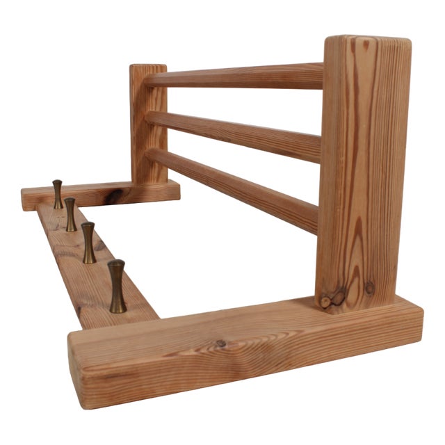 Brutalist Swedish Hall Shelf in Pine & Brass Hooks by Glass Master Markaryd for Glasmäster, 1970s For Sale