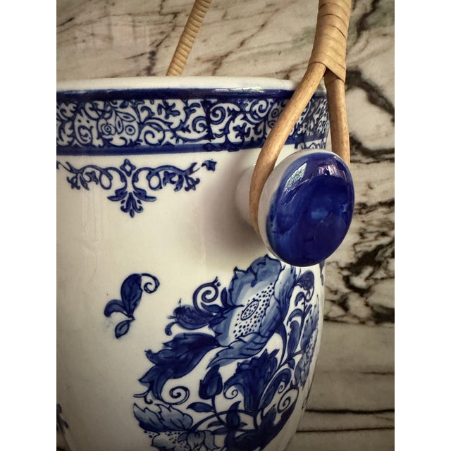 Gorgeous blue and white hand made botanical Chinoiserie motif, large size two bottles ice bucket w/wicker handle.