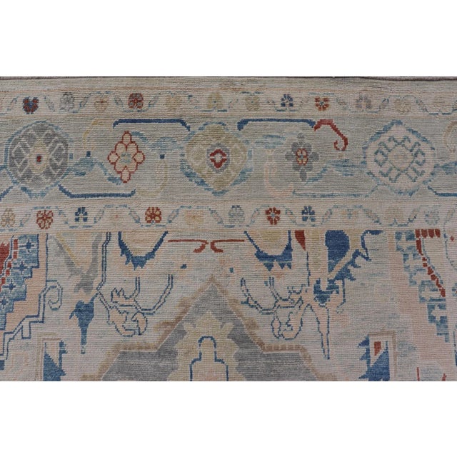 Modern Oushak Turkish Rug With All Over Design in Light Blue Ivory & Red For Sale - Image 11 of 12