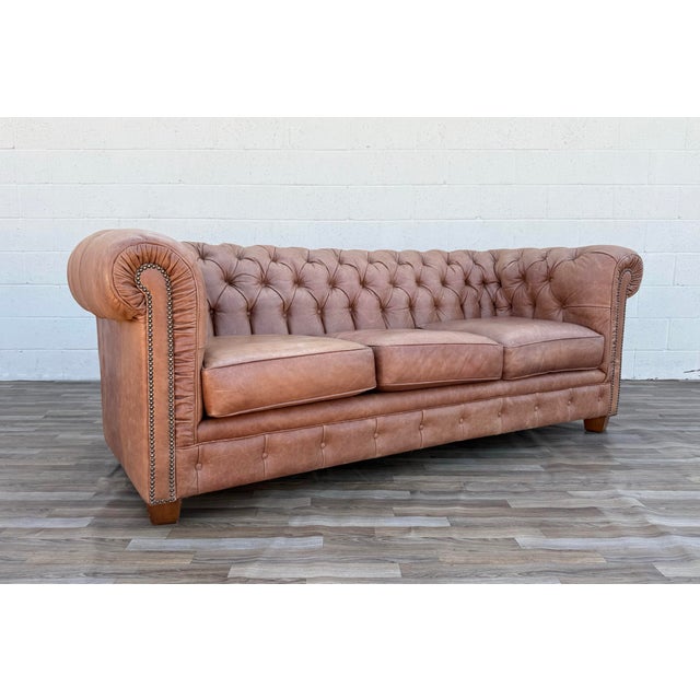 Animal Skin Vintage Distressed Leather Chesterfield Sofa | Made in Canada | Camel Brown | Circa 1990s For Sale - Image 7 of 18