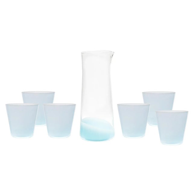 Celerie Kemble Glassware for Chairish Milky Pitcher and Tumblers in Opal Blue, Set of 7 For Sale In Greenville, SC - Image 6 of 6