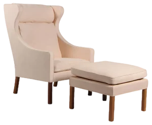 Natural Leather Wingback Chair with Ottoman by Børge Mogensen for Fredericia