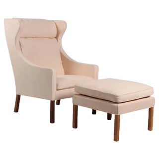 Set of Natural Leather Wingback Chair and Ottoman by Børge Mogensen for Fredericia For Sale