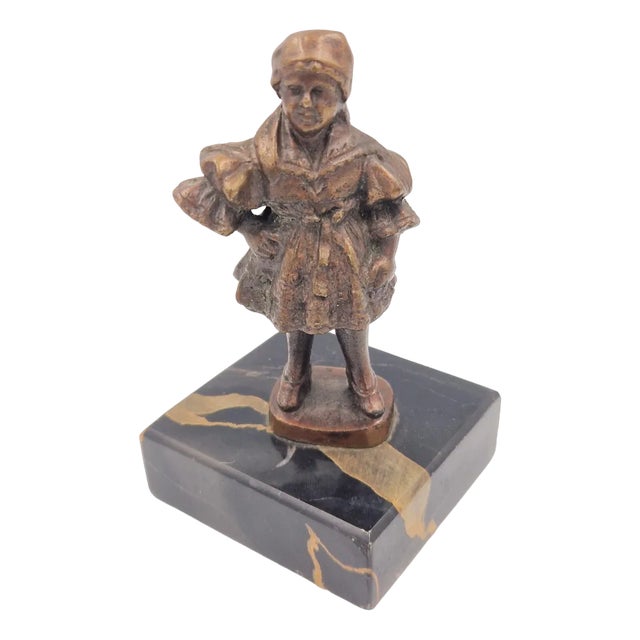 Girl Bronze Figure on Marble Base, 1890s For Sale