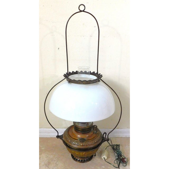 American Antique C1887 Bradley & Hubbard Milk Glass Cast Iron Hanging Lantern Electrified Lamp For Sale - Image 3 of 15