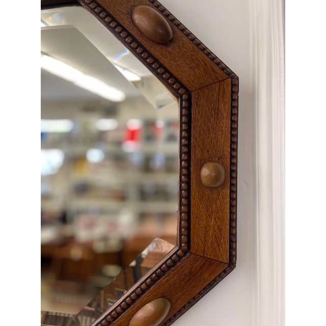 Wood Antique Arts and Crafts Octagonal Beveled Mirror With Carved Oak Frame and Decorative Wood Peg Inlays For Sale - Image 7 of 8