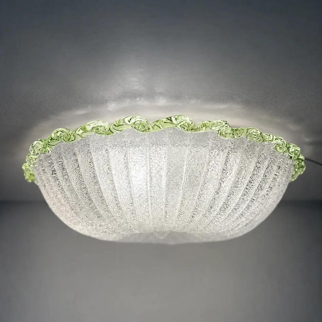 Glass 1990s Traditional Italian White Graniglia" Budino"Murano Glass Flush Mount in 70' Style With Green Trimming - a Pair For Sale - Image 7 of 7
