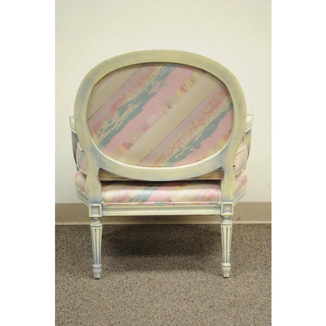 Vintage French Louis XVI Pink Blue Carved Bergere Boudoir Lounge Arm Chair For Sale - Image 11 of 12