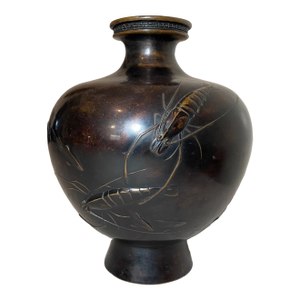 Antique 19th Century Japanese Coy Crustacean Craw Fish Signed Bronze Meiji Vase