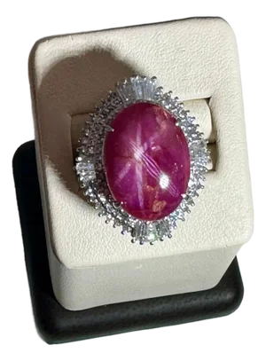 Vintage 21 Ct Star Oval Natural Ruby Cabochon & 2.45 Ct Diamond Ring , Platinum