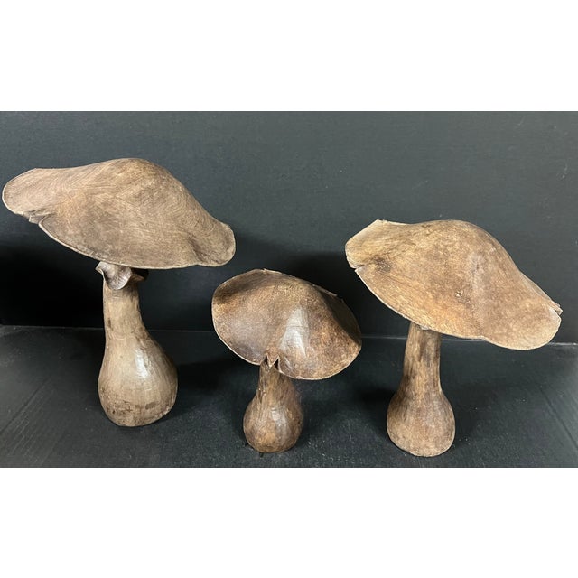 Folk Art Late 20th Century Set of 3 Folk Art Carved Wood Mushroom Sculpture #M45 For Sale - Image 3 of 10