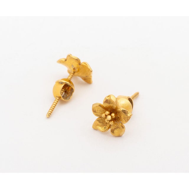 Metal Vintage 22k Yellow Gold Flower Blossom Stud Earrings For Sale - Image 7 of 9