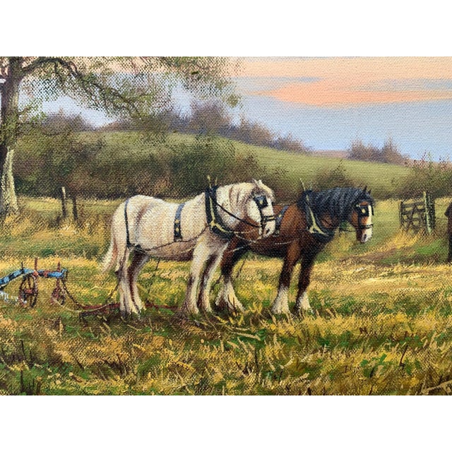 English Countryside Art - Horse Drawn Plough With Two Horses Ploughman and Dog by British Landscape Artist, 1990 Circa For Sale - Image 12 of 13