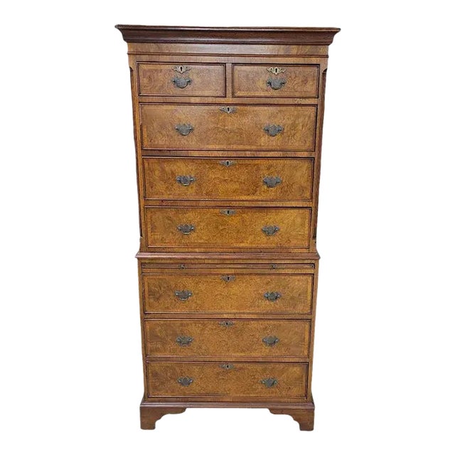 English Georgian Revival Burl Elm Wood Tall Chest With Slide, C. 1900–1920 For Sale