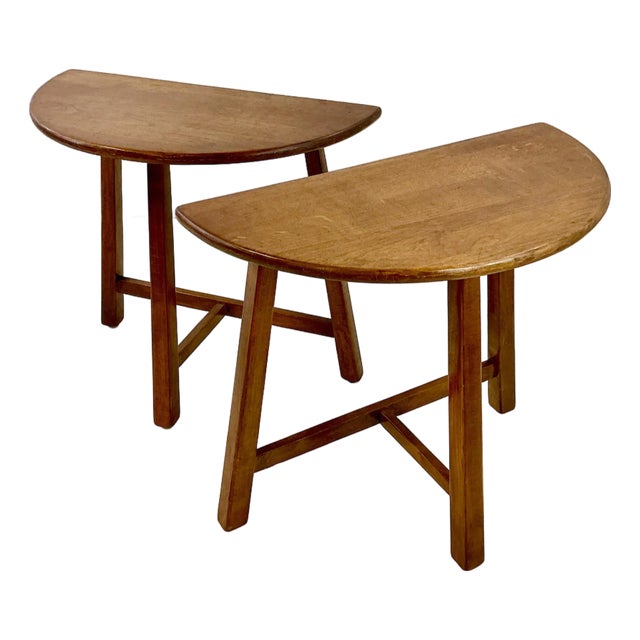 1940s Vintage Danish Brutalist Folk Art Boho Chic Half Moon Teak Side Tables - A Pair For Sale