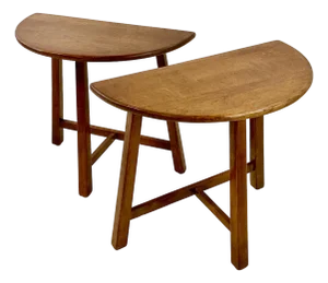 1940s Vintage Danish Brutalist Folk Art Boho Chic Half Moon Teak Side Tables - A Pair