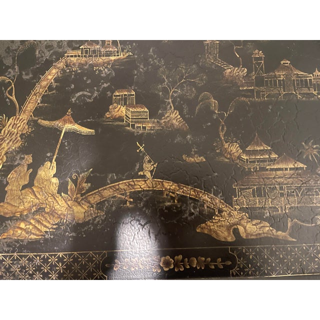 Chinoiserie Vintage Mid-Century Hand-Painted Chinoiserie Butler’s Tray Table - Heavily Crazed Patina For Sale - Image 3 of 12