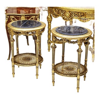 Elegant French Louis XV Side Table Set of 2 With Floral Marquetry & Gilt Details For Sale