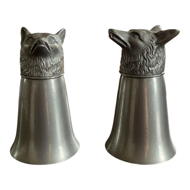 Vintage Pewter Fox Head Stirrup Cups-Pair-English Hunting-Barware-Equestrian-Man For Sale