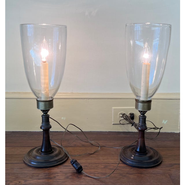 Vintage Georgian style mahogany and brass candlestick kamps with hurricane shades. Perfect for the fireplace mantel or...