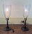 Vintage Georgian style mahogany and brass candlestick kamps with hurricane shades. Perfect for the fireplace mantel or...