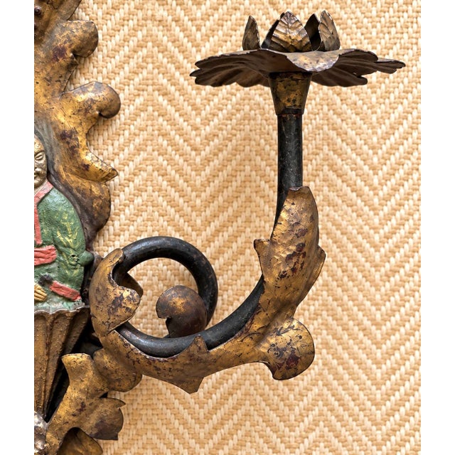 Pair of Vintage Chinoiserie Figural Gilt Metal Candle Wall Sconces For Sale - Image 9 of 12