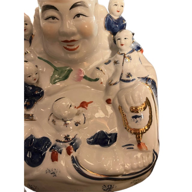 Ceramic Antique Chinese Famille Rose Porcelain Fertility Buddha With Children Statue For Sale - Image 7 of 8