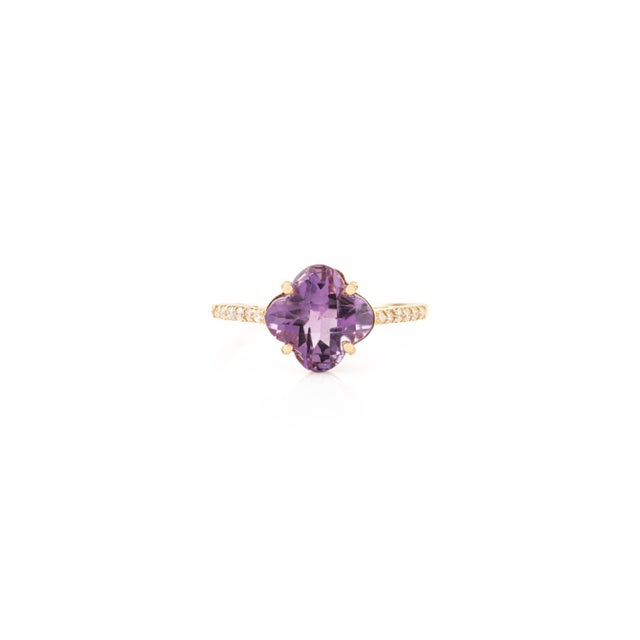 Art Deco VRJewels 14k Yellow Gold Clover Amethyst Diamond Cocktail Ring Size 5.5 For Sale - Image 3 of 13