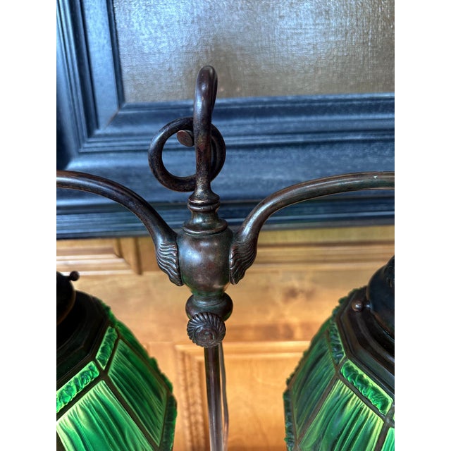 Green Rare Green Linenfold Double Student Table Lamp Tiffany Studio For Sale - Image 8 of 18