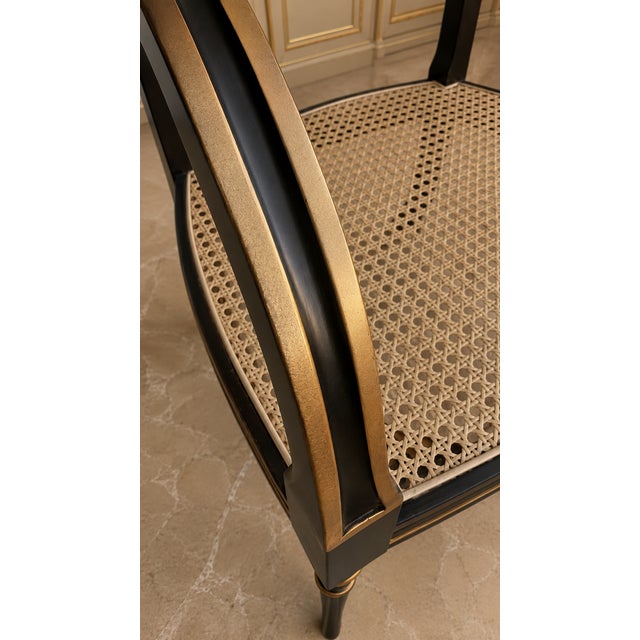 Pair of Baker Furniture “Governor Alston” Regency Black & Gilt Caned Armchairs For Sale - Image 12 of 14