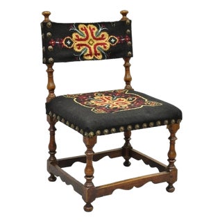Antique Italian Renaissance Turn Carved Walnut Tapestry Small Childs Side Chair For Sale