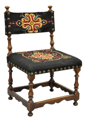 Antique Italian Renaissance Turn Carved Walnut Tapestry Small Childs Side Chair