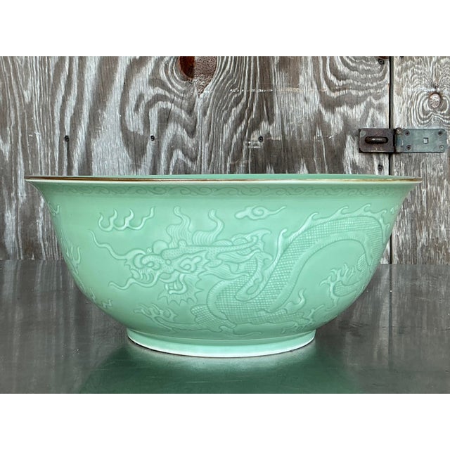 Ceramic Vintage Asian Dragon Relief Celadon Bowl For Sale - Image 7 of 10