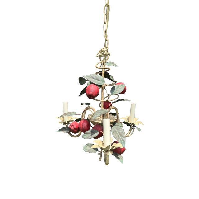 Charming vintage Italian-style tole three-light chandelier, dating approximately to the 1950s–1960s. The fixture features...