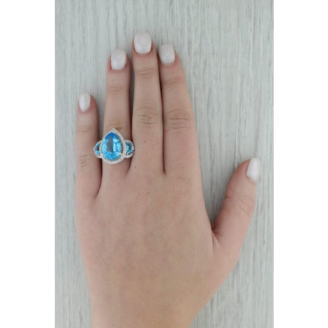 Metal 8.11ctw Pear Topaz Diamond Halo Cocktail Ring 18k White Gold Size 5.25 For Sale - Image 7 of 8