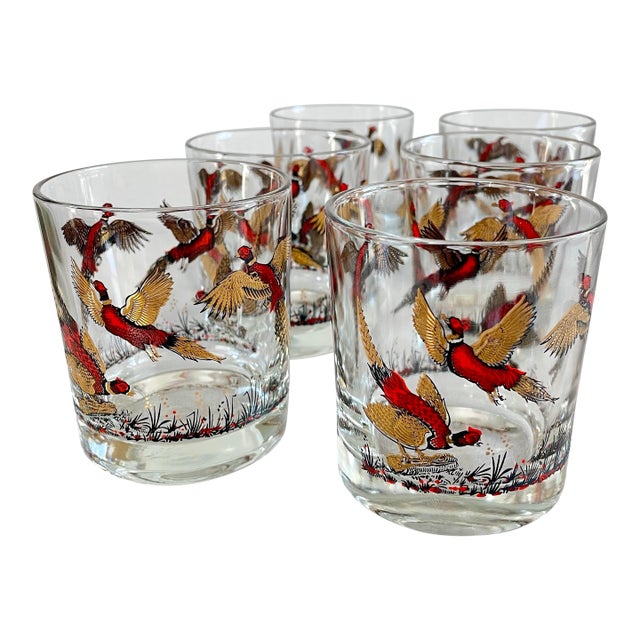 Mid-Century Modern Gold Pheasant Hunting Glasses - Set of 6 For Sale
