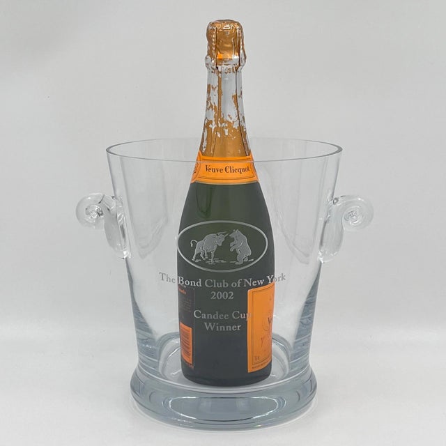 Gorgeous hand-blown crystal oversized ice bucket champagne chiller deeply etched with the stock market Bull and Bear...