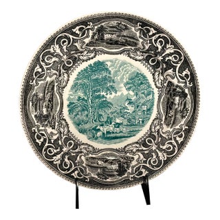 Antique French Faience Black & White Transfereware Plate With Green Pastoral Landscape For Sale