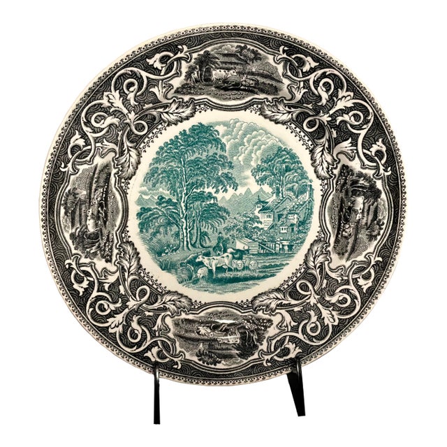 Antique French Faience Black & White Transfereware Plate With Green Pastoral Landscape For Sale