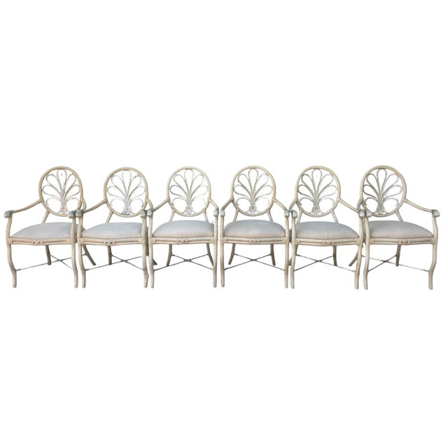 Set of six coastal Palm Beach style dining armchairs by Ferguson Copeland featuring sculpted faux bamboo frames with...