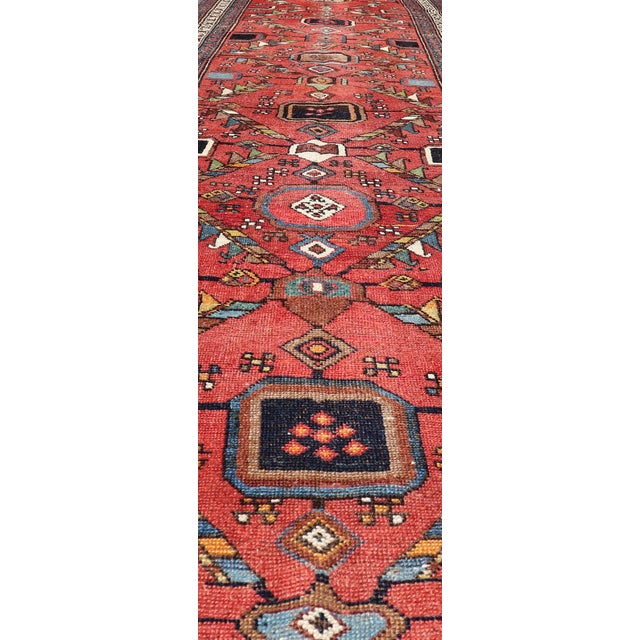Textile Kurdish Antique Runner in Vibrant Red Background and Multi-Tiered Border 3'3 X 14'1 For Sale - Image 7 of 12