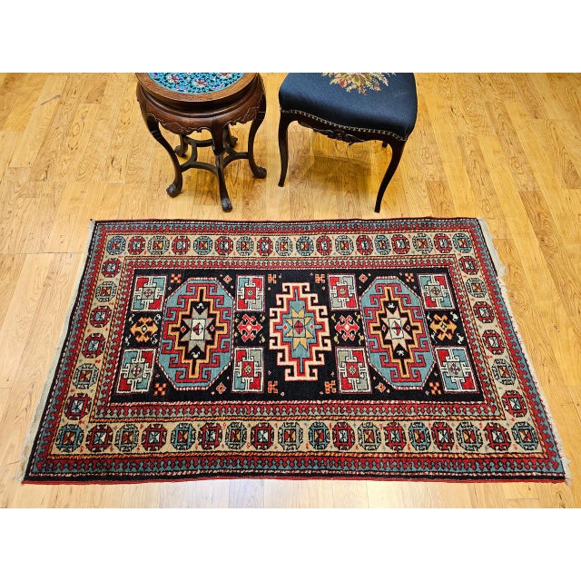 Vintage Persian Kurdish Rug, Hand-Knotted Wool, Geometric Pattern, Navy & Tan, 3x5 For Sale - Image 9 of 18