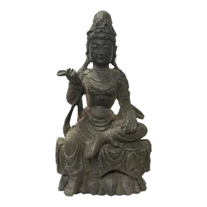 13.5" Iron Rustic Sitting Bodhisattva Kwan Yin Tara Lotus Buddha Statue