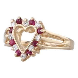 0.26ctw Ruby Diamond Open Heart Ring 14k Yellow Gold Size 5.75 For Sale