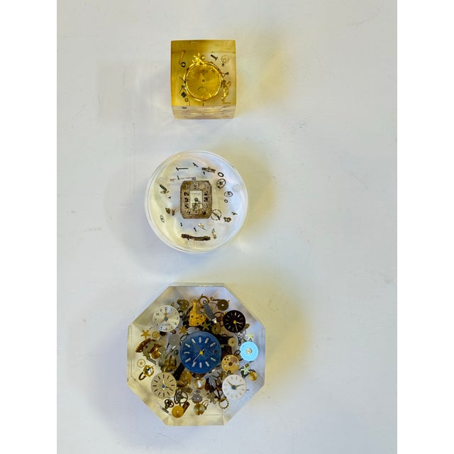 Vintage Mid-Century Lucite Exploding Watch Parts Paperweight Sculptures in the Manner of Pierre Giraudon Set of Three For Sale - Image 11 of 12