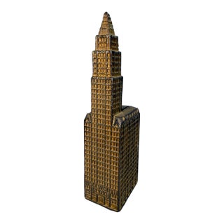 Antique 1910 Gold Tone Cast Iron Still Coin Penny Bank Woolworth Building Kenton For Sale